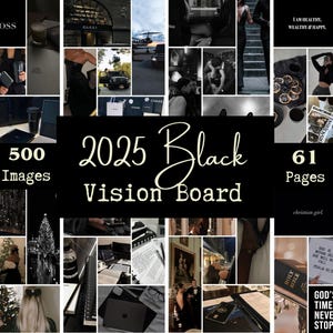 Visiebord 2025, zwarte visiebordkit printables, manifestatievisiebord, wet van de aantrekkingskracht, sjabloon digitaal visiebord, zwart
