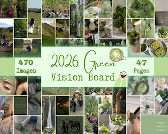 Green Vision Board Printable Bundle Kit PDF Happiness and Manifestation Images and Positive Affirmations