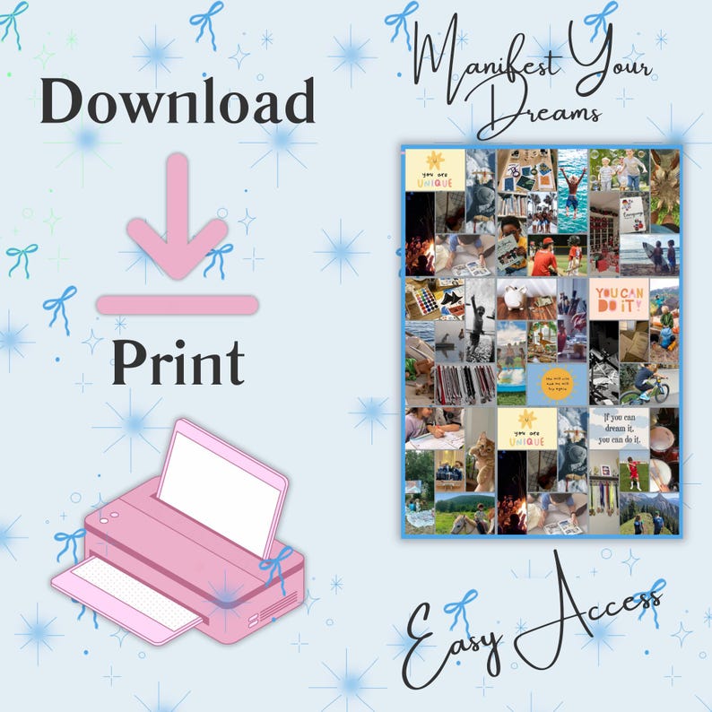 May include: A printable digital collage sheet with the text "Manifest Your Dreams" and a variety of images, including a campfire, a person riding a bike, and a cat. The collage sheet is designed to be printed and used as a vision board.