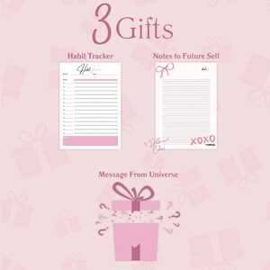 May include: Three pink gift boxes with a pink background. The boxes are labeled "Habit Tracker", "Notes to Future Self", and "Message From Universe".