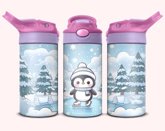 Penguin Tumbler - 12oz Kids Flip Top Sippy Cup Tumbler, 12oz Penguin Tumbler, Sublimation Design PNG, Snow, Ice, Tumbler Wraps for Children