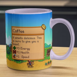Mug Stardew Valley - papier d'emballage pour verre 11 oz, Pelican Town PNG Pixel Art, design Junimo pour les joueurs, cadeau pour les joueurs, tasse à café Stardew Valley