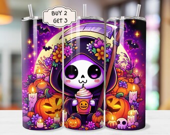 Halloween Tumbler, 20oz Halloween Grim Reaper Tumbler Wrap, Spooky Sublimation Design, Ghost, Pumpkin, Cute Grim Reaper PNG, Fall Tumbler