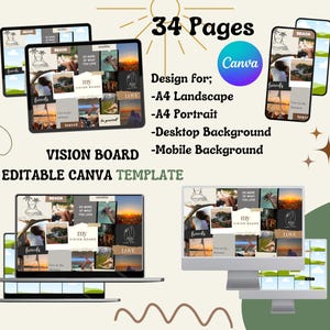 Könnte beinhalten: Eine digitale Vision Board-Vorlage mit 34 Seiten für Canva. Die Vorlage ist für A4-Querformat, A4-Hochformat, Desktop-Hintergrund und mobilen Hintergrund konzipiert. Die Vorlage enthält eine Collage aus Bildern und Text, darunter die Wörter "Strand", "Reise", "Freunde", "Liebe" und "Mein Vision Board".