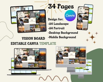 Vision Board Template, Editable Vision Board Canva Kit, Manifest Template, Canva Drag and Drop, Mobile, Desktop, Wallpaper, Screensaver