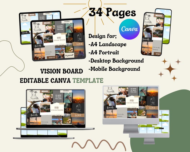 Vision Board Template Editable Vision Board Canva Kit Manifest