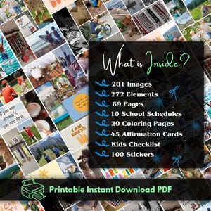 May include: A collage of images showing the contents of a printable digital download for kids. The text "What is Inside?" is displayed in a green circle. The list of contents includes 281 images, 272 elements, 69 pages, 10 school schedules, 20 coloring pages, 45 affirmation cards, a kids checklist, and 100 stickers. The text "Printable Instant Download PDF" is displayed at the bottom of the image.