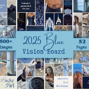 Visiebord 2025, Blue Vision Board-printables, Visiebord manifestatie, Wet van de aantrekkingskracht, Digitale Visiebordsjabloonkit, Roze