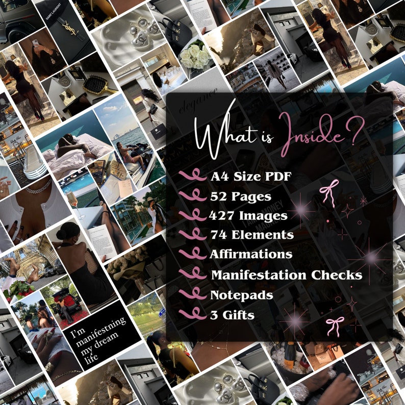 May include: A collage of images with the text "What is Inside?" and a list of items included in a digital product. The items include a PDF, pages, images, elements, affirmations, manifestation checks, notepads, and gifts.