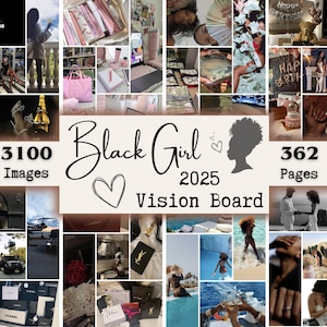 Kit imprimible de tablero de visión para niñas negras 2025: afirmaciones y citas para mujeres negras, atraer riqueza, tablero de visión de manifestación 2025