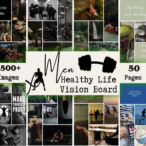 Peut inclure: Un tableau de vision avec des images liées à la remise en forme et à une vie saine. Le texte central indique "Men Healthy Life Vision Board". D'autres textes incluent "One pound at a time", "500+ Images", "50 Pages" et "Your only limit is your mind."