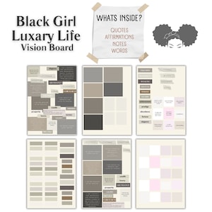 May include: A vision board with a black and white illustration of a woman with an afro. The board is divided into sections with words like "abundance", "victory", "luxury", "glory", "prosperity", "wealth", "success", "triumph", "power", "achievement", "prestige", "fortune", and "elegance".