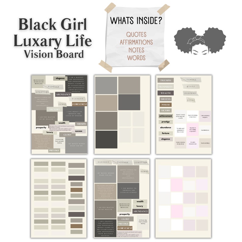 May include: A vision board with a black and white illustration of a woman with an afro. The board is divided into sections with words like "abundance", "victory", "luxury", "glory", "prosperity", "wealth", "success", "triumph", "power", "achievement", "prestige", "fortune", and "elegance".