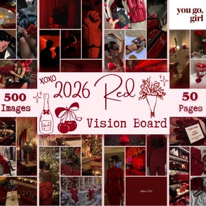 Puede incluir: Un collage de imágenes con temática roja, que incluye un tablero de visión con el texto "2026 Red Vision Board", "500 Images" y "50 Pages". El collage presenta varios objetos y escenas rojas, con las palabras "you go, girl" en la parte superior.