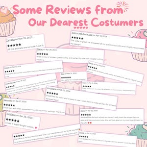 May include: A collage of customer reviews for digital stickers. The reviews highlight the quality, variety, and ease of use of the stickers. The reviews are displayed on a pink background with cupcake illustrations.