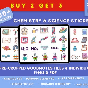May include: A digital download of 500+ chemistry and science stickers in PNG and PDF format. The stickers feature cute cartoon illustrations of lab equipment, chemical formulas, and science-related objects. The text "BUY 2 GET 3" and "300 DPI" is also visible in the image.