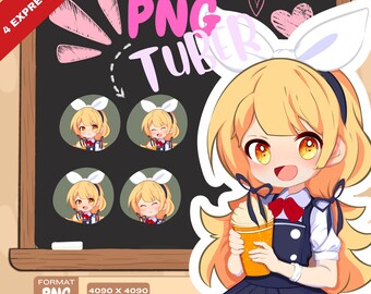 Ragazza del Sweet Orange Café con bevande / Espressioni normali / Sovrapposizione streaming, Avatar VTuber, Emote PNG digitali