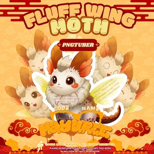 May include: A digital illustration of a cartoon moth character with large eyes and fluffy wings. The image includes the text "Fluff Wing Moth" and "PNGTuber" in a decorative style, along with the name "Mayuree". The background is a warm yellow.