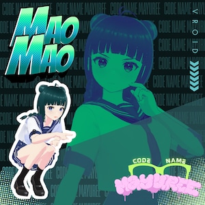 May include: Digital artwork with the text "MAO MAO" in a teal comic-style font. The image features two anime-style illustrations of a girl with teal hair, wearing a sailor uniform. The background includes the text "CODE NAME MAYUREE".
