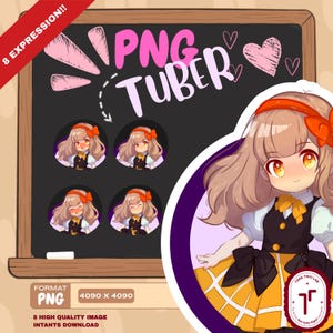 May include: Digital PNG Tubers image set. The image features a cartoon character with multiple expressions, a red bow, and a yellow and black dress. The image is labeled "PNG Tuber" and includes the text "8 Expression!!" and "4090 x 4090".
