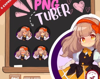 Ragazza carina della scuola PNGTuber / Espressioni arrossate e normali / Sovrapposizione streaming, Avatar VTuber, Emote PNG digitali