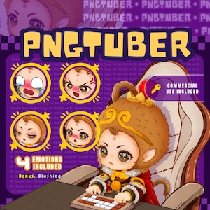 May include: A digital illustration of a monkey character sitting in a gaming chair at a desk with a keyboard. The image features the text PNGTUBER, four circular emotion icons showing crying, angry, tired, and blushing expressions, and a key icon.