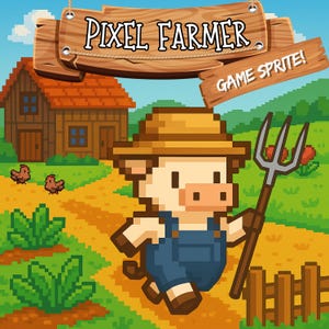 May include: Pixel art illustration of a pig farmer in overalls and a straw hat, holding a pitchfork. The image features a wooden sign that reads "Pixel Farmer" and "Game Sprite!" in a pixelated farm scene with a house and chickens.