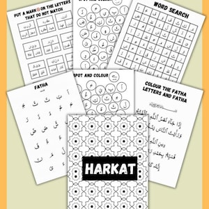 May include: A set of black and white printable worksheets for learning Arabic. The worksheets include activities such as matching letters, word searches, and colouring. The worksheets feature the Arabic alphabet and the word "Harkat".
