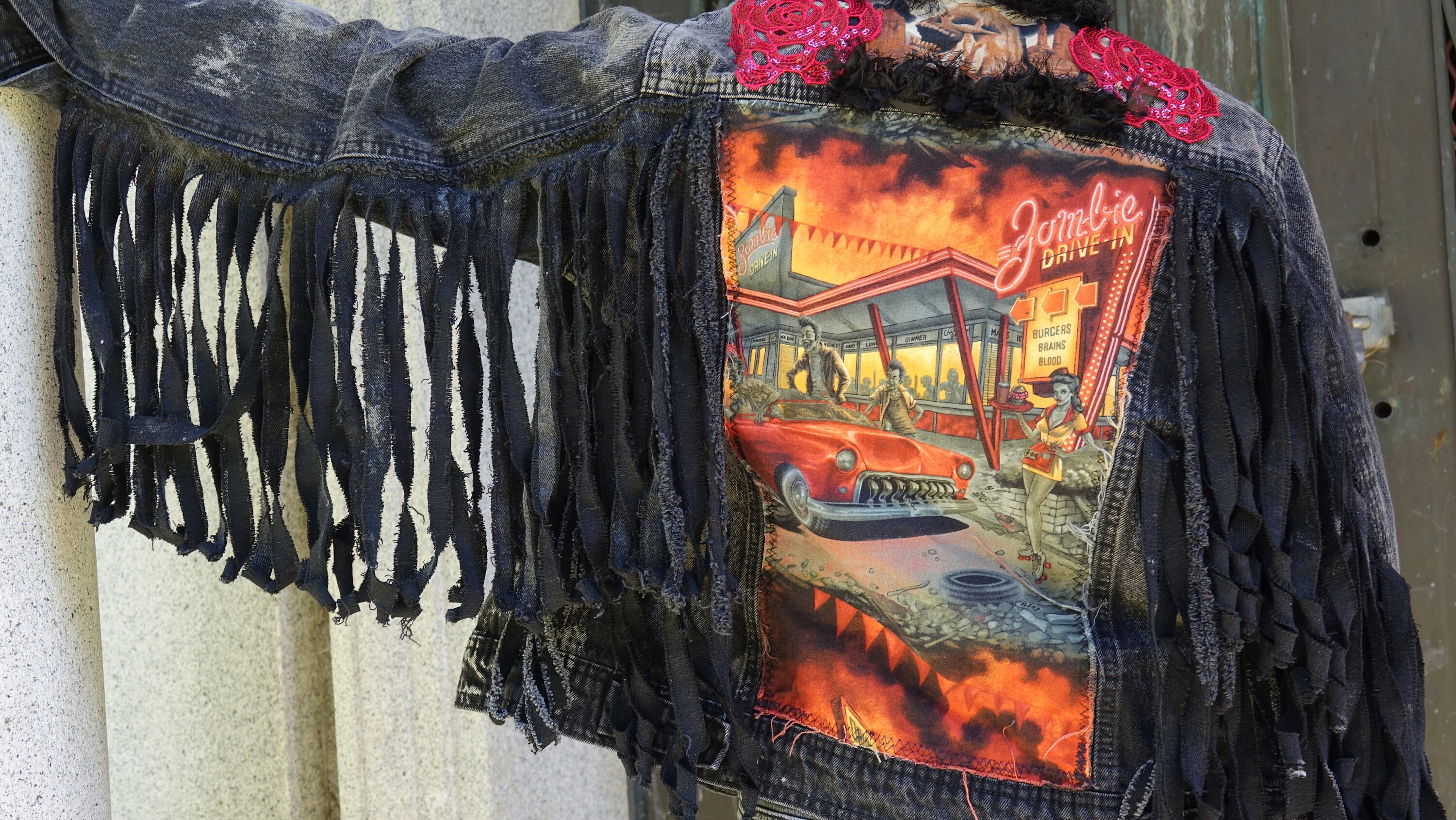 Denim Jacket Western Zombie Skeleton Black With Fringe, OOAK