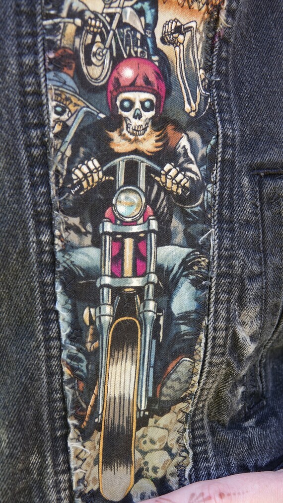 Denim Jacket Western Zombie Skeleton Black With Fringe, OOAK