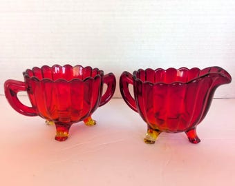 Vintage Imperial Glass Pillar Flute Ruby Red Amberina 3-Footed Creamer and Sugar Bowl