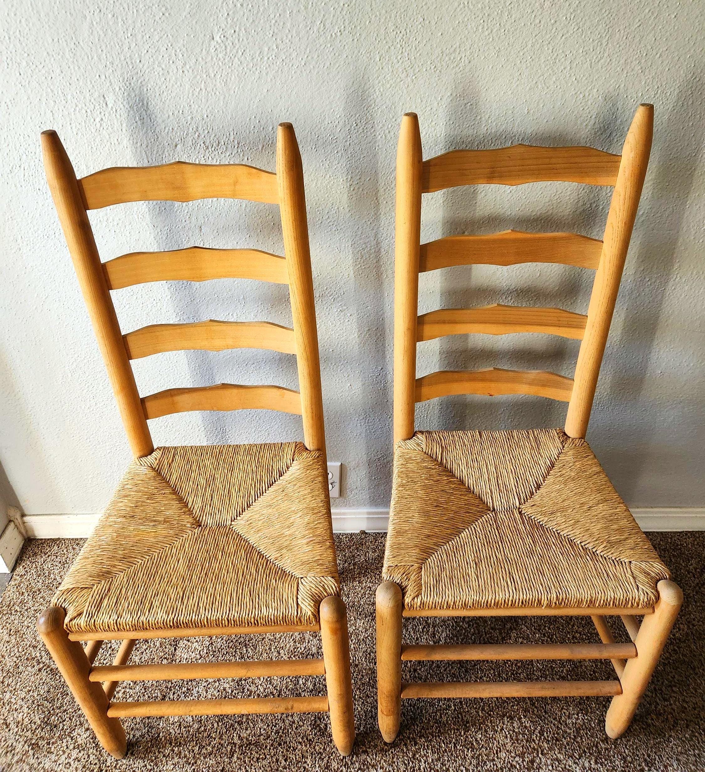 Vintage Farmhouse Ladder Back Chairs: Rush Seats, Signed J.H.