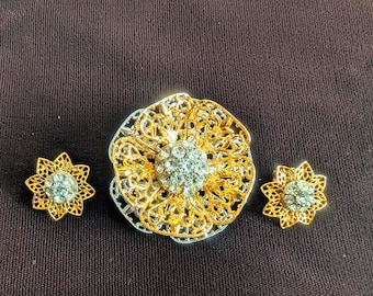 Vintage Floral Filigree Rhinestone Brooch with Matching Earrings