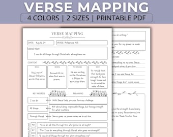 May include: A printable worksheet for mapping out a Bible verse. The worksheet includes sections for the verse text, context, key words, meaning, and translations. The verse text is "I can do all things through Christ who strengthens me." The verse is Philippians 4:13.