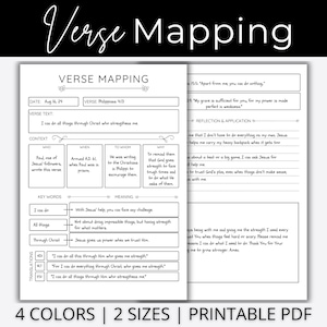 May include: Black and white printable PDF verse mapping worksheet. The worksheet includes sections for verse text, context, key words, and meaning. The text "Verse Mapping" is at the top, with "4 Colours | 2 Sizes | Printable PDF" at the bottom.