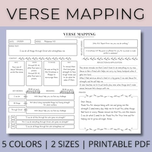 Puede incluir: Hoja de trabajo imprimible en blanco y negro con el título "Verse Mapping" y el versículo bíblico "Todo lo puedo en Cristo que me fortalece." La hoja de trabajo incluye secciones para la fecha, el versículo, el texto del versículo, el contexto, las palabras clave, el significado, las traducciones, los versículos relacionados, la reflexión y la aplicación, y la oración.