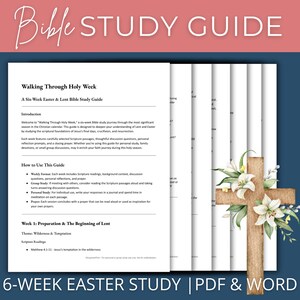 May include: A six-week Bible study guide for Easter and Lent, with a watercolor illustration of a cross with white lilies and green leaves. The guide includes weekly scripture readings, background content, discussion questions, personal reflections, and prayer.