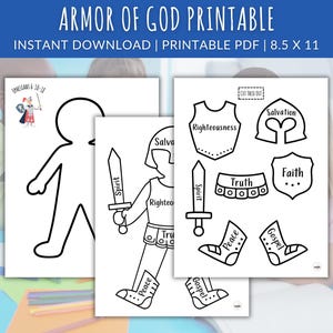 Op de afbeelding: Printbare kleurplaten van de wapenrusting van God voor kinderen. De pagina's bevatten een volledig lichaamsbeeld, een ridder in harnas en afzonderlijke harnasteilen met de namen van elk deel: helm, borstplaat, gordel, scheenbeschermers, sandalen, schild en zwaard. De tekst "Efeziërs 6:10-18" is opgenomen op de pagina met het volledige lichaamsbeeld.