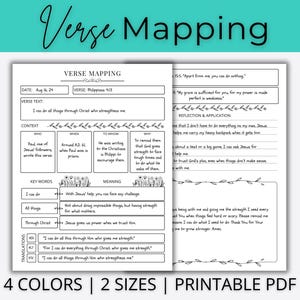 Könnte beinhalten: Druckbare Bibelvers-Mapping-Arbeitsblatt mit einem Schwarzweiß-Design. Das Arbeitsblatt enthält Abschnitte für Datum, Vers, Verstext, Kontext, Schlüsselwörter, Bedeutung, Übersetzungen und Reflexion und Anwendung. Der Text "Verse Mapping" befindet sich oben auf der Seite.