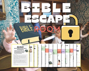 Puede incluir: Un juego de escape de la Biblia con un libro grande y negro con la palabra "Biblia" en él. El juego incluye un conjunto de instrucciones y varias tarjetas con diferentes historias bíblicas. El juego está diseñado para niños y adultos para aprender sobre la Biblia.