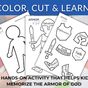 Armor of God printable cut-out activity for kids featuring a child silhouette and labeled armor pieces from Ephesians 6:10-18. Christian Bible craft for Sunday School, homeschool, or VBS. Includes helmet of salvation, breastplate of righteousness, belt of truth, shield of faith, sword of the Spirit, and boots of peace and the gospel. Printable, colorable, and perfect for faith-based lessons.