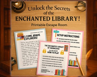 Puede incluir: Una superficie de madera muestra un juego de escape room imprimible con el título "Unlock the Secrets of the Enchanted Library!". Tres hojas de papel proporcionan instrucciones y pistas, con texto como "Welcome, Brave Explorers!".