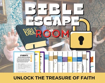 Puede incluir: Un juego de escape de la Biblia con un candado grande y el texto "UNLOCK THE TREASURE OF FAITH". El juego incluye varias hojas de trabajo con diferentes actividades.
