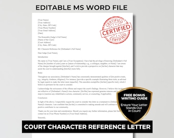 Letter of Recommendation Template | Character Reference Letter for Court | Editable Reference Letter | Court Character Reference Letter