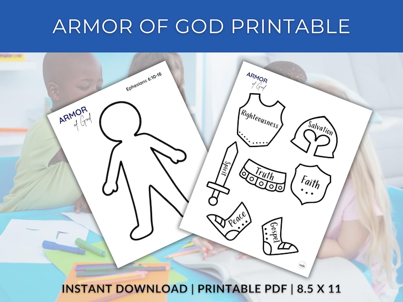 Armor of God printable cut-out activity for kids featuring a child silhouette and labeled armor pieces from Ephesians 6:10-18. Christian Bible craft for Sunday School, homeschool, or VBS. Includes helmet of salvation, breastplate of righteousness, belt of truth, shield of faith, sword of the Spirit, and boots of peace and the gospel. Printable, colorable, and perfect for faith-based lessons.