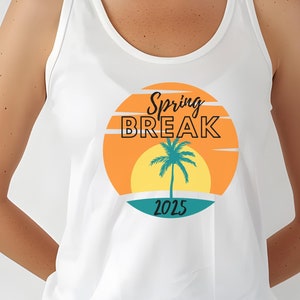 May include: A white tank top featuring a graphic design of a sunset with a palm tree and the text "Spring Break 2025".
