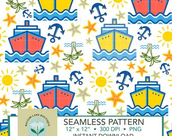 Patrón sin costuras de crucero / Descarga instantánea Archivo digital PNG Patrón de vela de vacaciones imprimible de barco de crucero Diseño de superficie de tela de papel de vinilo