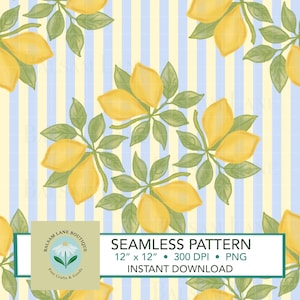 Könnte beinhalten: Ein nahtloses Muster mit Aquarell-Zitronen und grünen Blättern, die in kreisförmigen Mustern auf einem gestreiften Hintergrund aus Hellblau und Gelb angeordnet sind. Das Design enthält den Text "SEAMLESS PATTERN 12" x 12" 300 DPI PNG INSTANT DOWNLOAD".