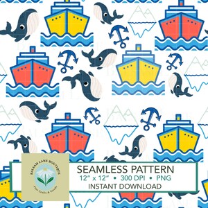 Cruising Alaska Seamless Pattern | Digital File PNG Instant Download Ship Whale Iceberg Repeat Printable Fabric Paper Vinyl Surface Design