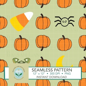 Halloween Pumpkins Seamless Pattern | Digital File PNG Instant Download Hand Drawn Spooky Moon Spider Candy Printable Repeat Surface Design